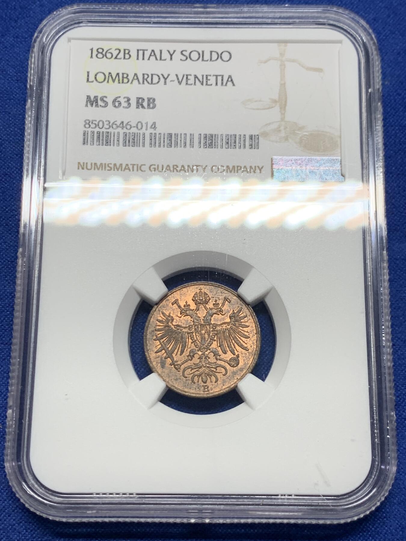 《竞宝斋》第423场 周日，周一，周二  3场连拍 （全场包邮） 唯一冠军分 NGC MS63RB 意大利 伦巴第-威尼斯王国 1862年 1索尔多铜币 值得入手的早期辅币