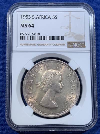 《竞宝斋》第423场 周日，周一，周二  3场连拍 （全场包邮） NGC MS64 南非1953年伊丽莎白二世1克朗大银币，加冕首年。流通版的高分比精铸版更少见。双面淡金彩，十字转光，状态很赞。