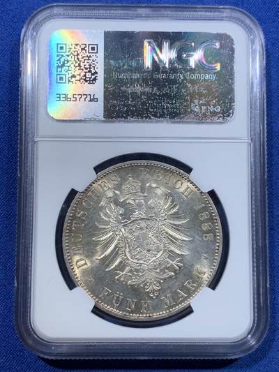 《竞宝斋》第423场 周日，周一，周二  3场连拍 （全场包邮） NGC MS62 德国1888年三皇之年腓特烈三世短翅流通5马克银币 金彩转光