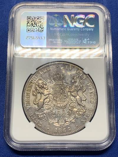 《竞宝斋》第423场 周日，周一，周二  3场连拍 （全场包邮） NGC MS62 德国1866汉诺威2泰勒 双面深彩包浆，狮马深打，包浆币MS62挺难的 可以收藏的状态