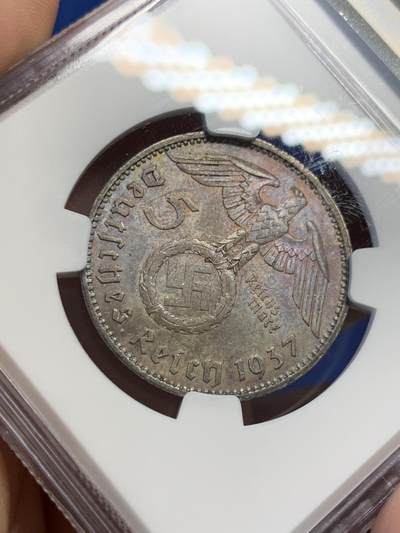 《竞宝斋》第423场 周日，周一，周二  3场连拍 （全场包邮） NGC MS62 德国 1937A 兴登堡 5马克 银币 双面醇厚原味包浆，底板优秀。