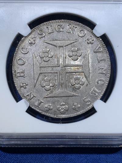 《竞宝斋》第423场 周日，周一，周二  3场连拍 （全场包邮） NGC MS62 葡萄牙1815年S400R银币，五彩包浆。