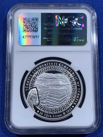 《竞宝斋》第423场 周日，周一，周二  3场连拍 （全场包邮） NGC PF69UC 土耳其2024年世界七大奇迹-哈利阿纳苏斯陵20里拉精制纪念银币（局部细节精湛需要放大镜欣赏~限量发行3千枚，克重1盎司，925银，币径38.61MM，附带证书）