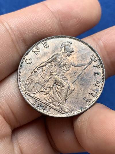 《竞宝斋》第423场 周日，周一，周二  3场连拍 （全场包邮） 英国1901年维多利亚1便士铜币 经典设计 光度好