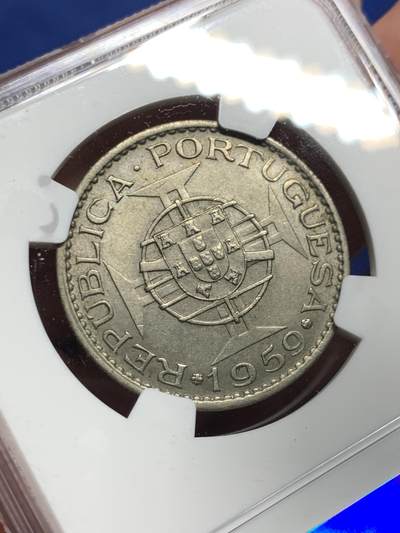 《竞宝斋》第423场 周日，周一，周二  3场连拍 （全场包邮） NGC MS62 筋币 1959葡属印度6埃斯库多 最大面值 上MS品相极为困难 喜欢葡系的不要错过了