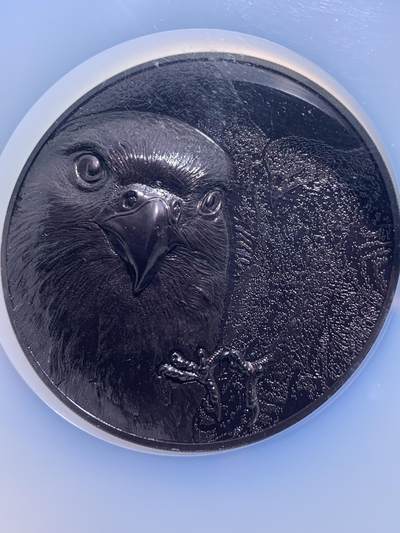 《竞宝斋》第423场 周日，周一，周二  3场连拍 （全场包邮） NGC PF70 蒙古2023年野生动物系列-草原隼（钌化）5000图格里克精制纪念银币（CIT超高浮雕，5盎司重，999纯银，155.5克，45MM，限量3000枚）加大加厚盒 细节见图