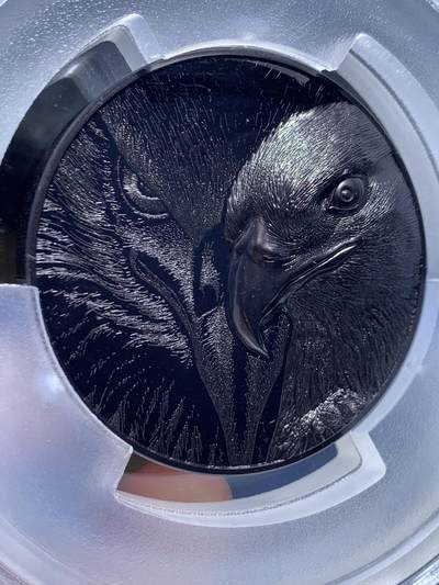 《竞宝斋》第423场 周日，周一，周二  3场连拍 （全场包邮） 首日封 PCGS PR70 蒙古2020年野生动物系列-草原雄鹰（钌化）5000图格里克精制纪念银币（CIT超高浮雕，5盎司重，999纯银，155.5克，45MM，限量3000枚）加大加厚盒