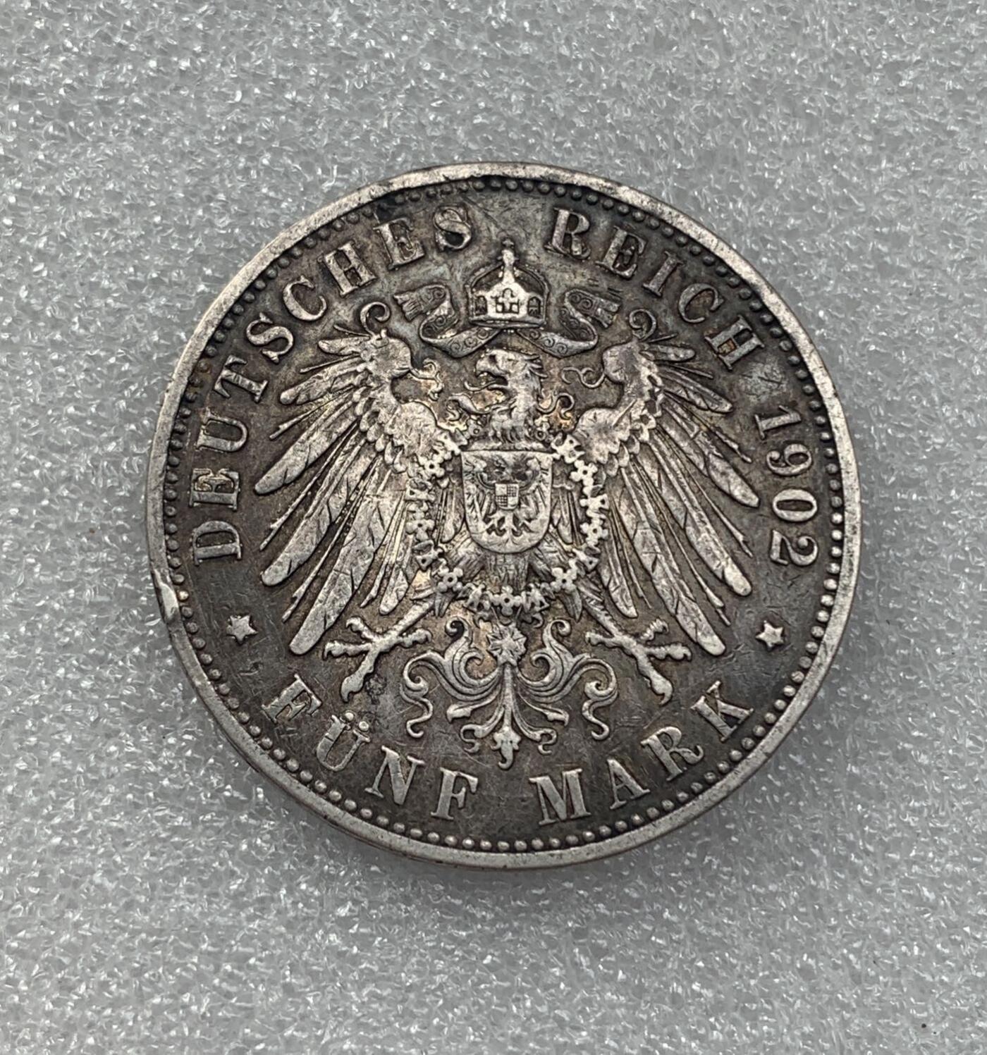世界钱币专场拍卖 1902年德国普鲁士国王威廉二世5马克流通银币 27.7克 90%银