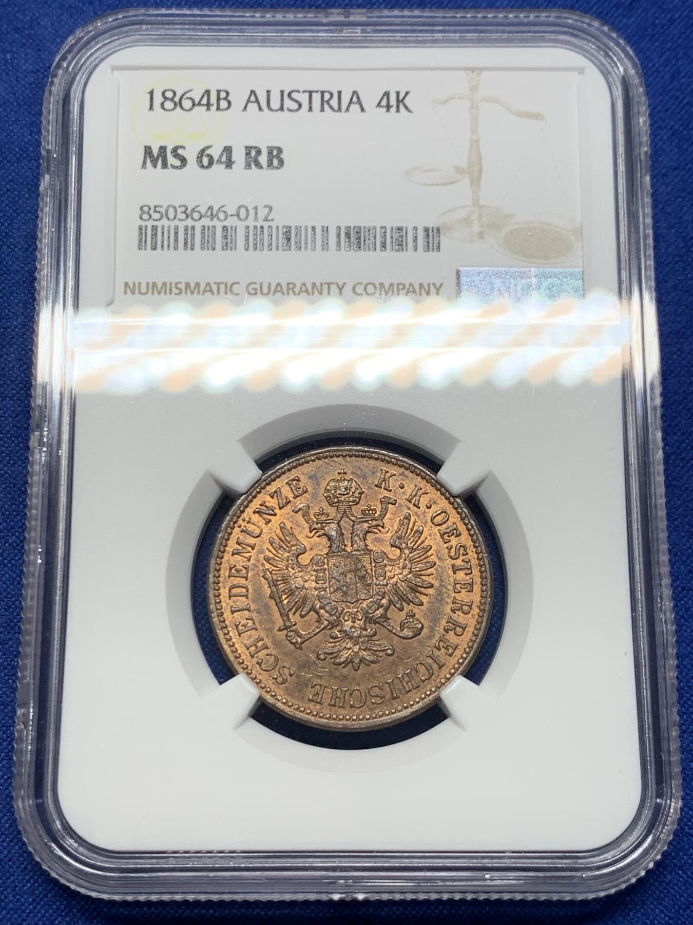 《竞宝斋》第424场 周日，周一，周二  3场连拍 （全场包邮） NGC MS64RB 奥地利 1864年4克鲁泽铜币 高分好品 62分的今年1400成交