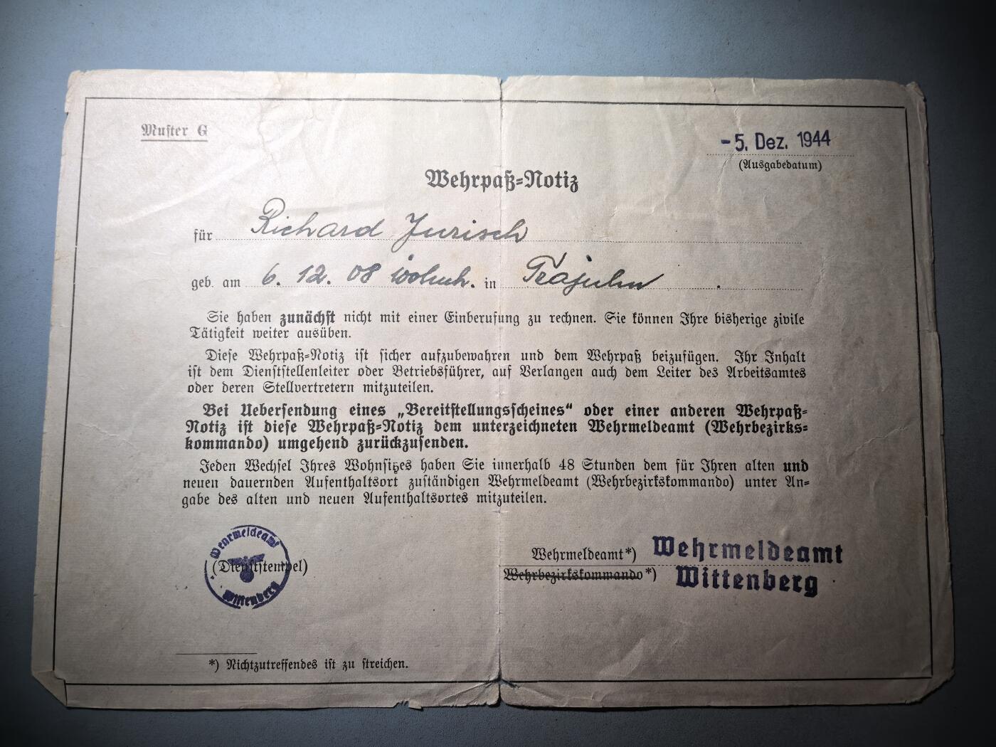 盛世勋华——号角文化勋章邮票专场拍卖第281期 德国（1939）国防军兵役登记证明