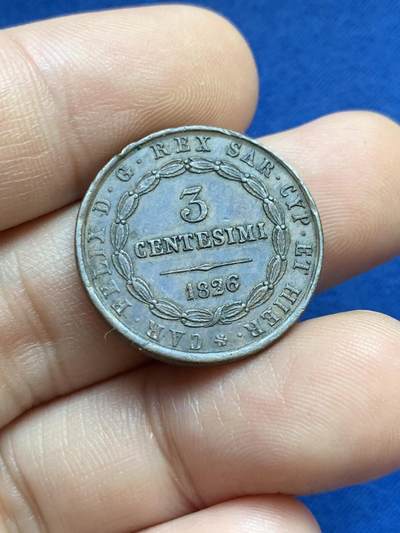 《竞宝斋》第424场 周日，周一，周二  3场连拍 （全场包邮） 三枚一组 意大利撒丁王国1826年铜质辅币：1/3/5分，1分状态差不多AU