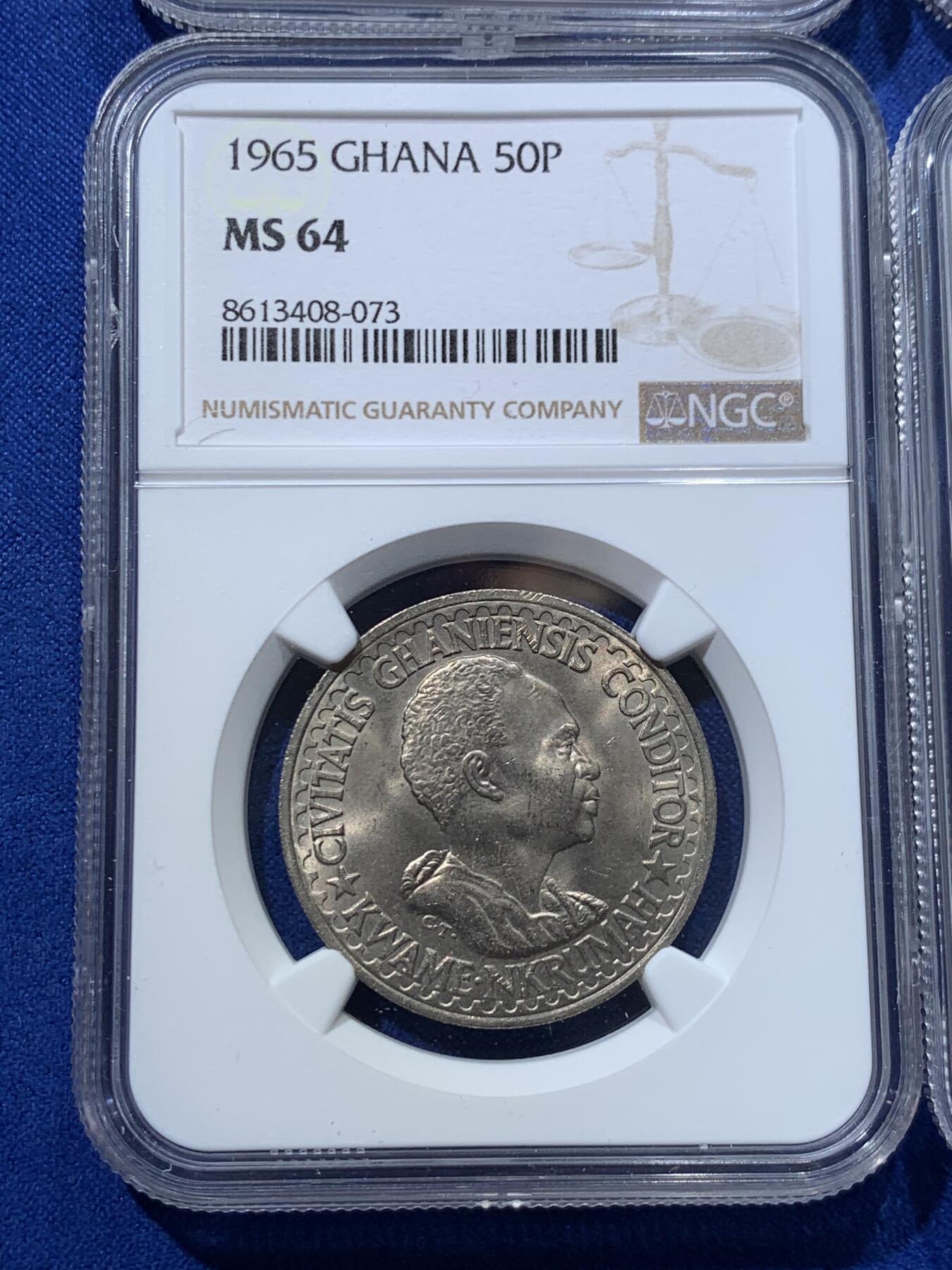 《竞宝斋》第424场 周日，周一，周二  3场连拍 （全场包邮） 四枚一组 NGC MS63-65 加纳1965年5/10/25/50pesewa 四枚全套 全部MS爆光品相 一步到位 成套少见