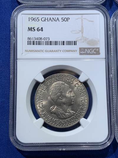 《竞宝斋》第424场 周日，周一，周二  3场连拍 （全场包邮） 四枚一组 NGC MS63-65 加纳1965年5/10/25/50pesewa 四枚全套 全部MS爆光品相 一步到位 成套少见