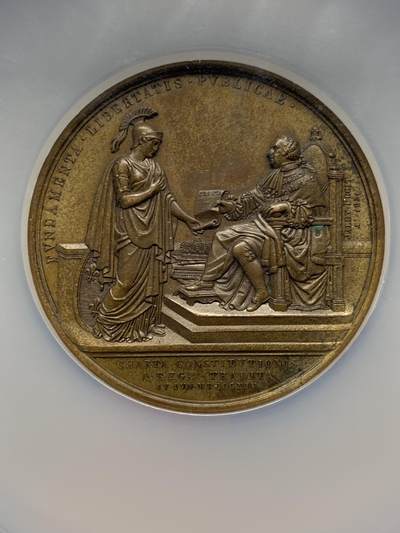 《竞宝斋》第424场 周日，周一，周二  3场连拍 （全场包邮） NGC MS62BN 法国波旁王朝复辟时期君主立宪制宪法颁布纪念铜章 加大加厚盒