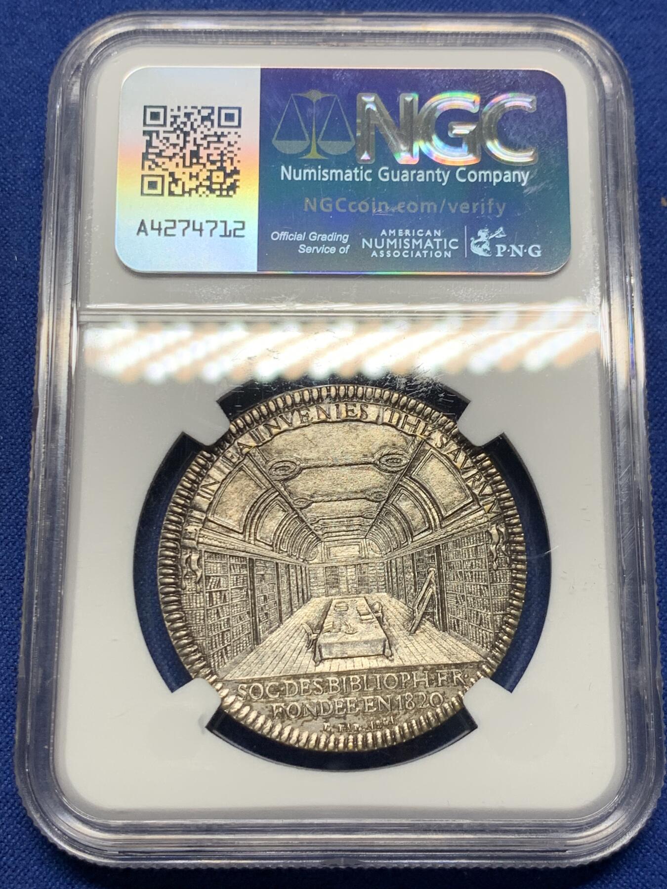 《竞宝斋》第424场 周日，周一，周二  3场连拍 （全场包邮） NGC UNC 1861年法国国家图书馆协会圆形纪念银章