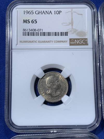 《竞宝斋》第424场 周日，周一，周二  3场连拍 （全场包邮） 四枚一组 NGC MS63-65 加纳1965年5/10/25/50pesewa 四枚全套 全部MS爆光品相 一步到位 成套少见