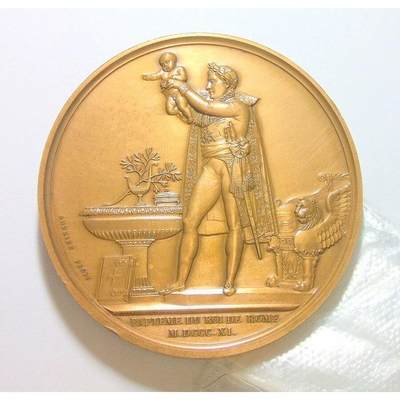 【旋风钱币】10月4日19:00准时开拍 精美欧洲币章 第三帝国货币等 全场包邮！ 【艺术】可评级 法国艺术大章 拿破仑二世出生高浮雕精制超大铜章 68MM 150克