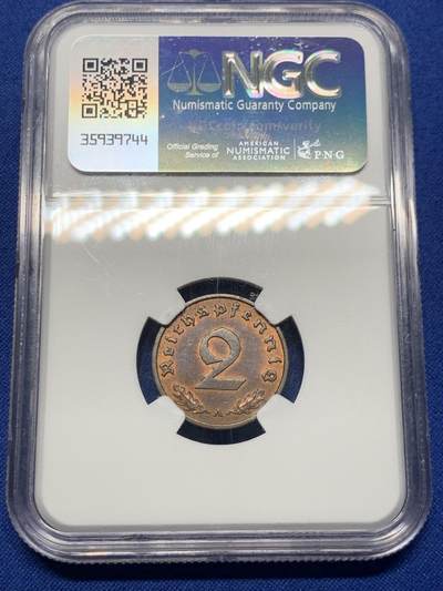 《竞宝斋》第424场 周日，周一，周二  3场连拍 （全场包邮） NGC MS62BN 德国1938年2芬尼 原光好品