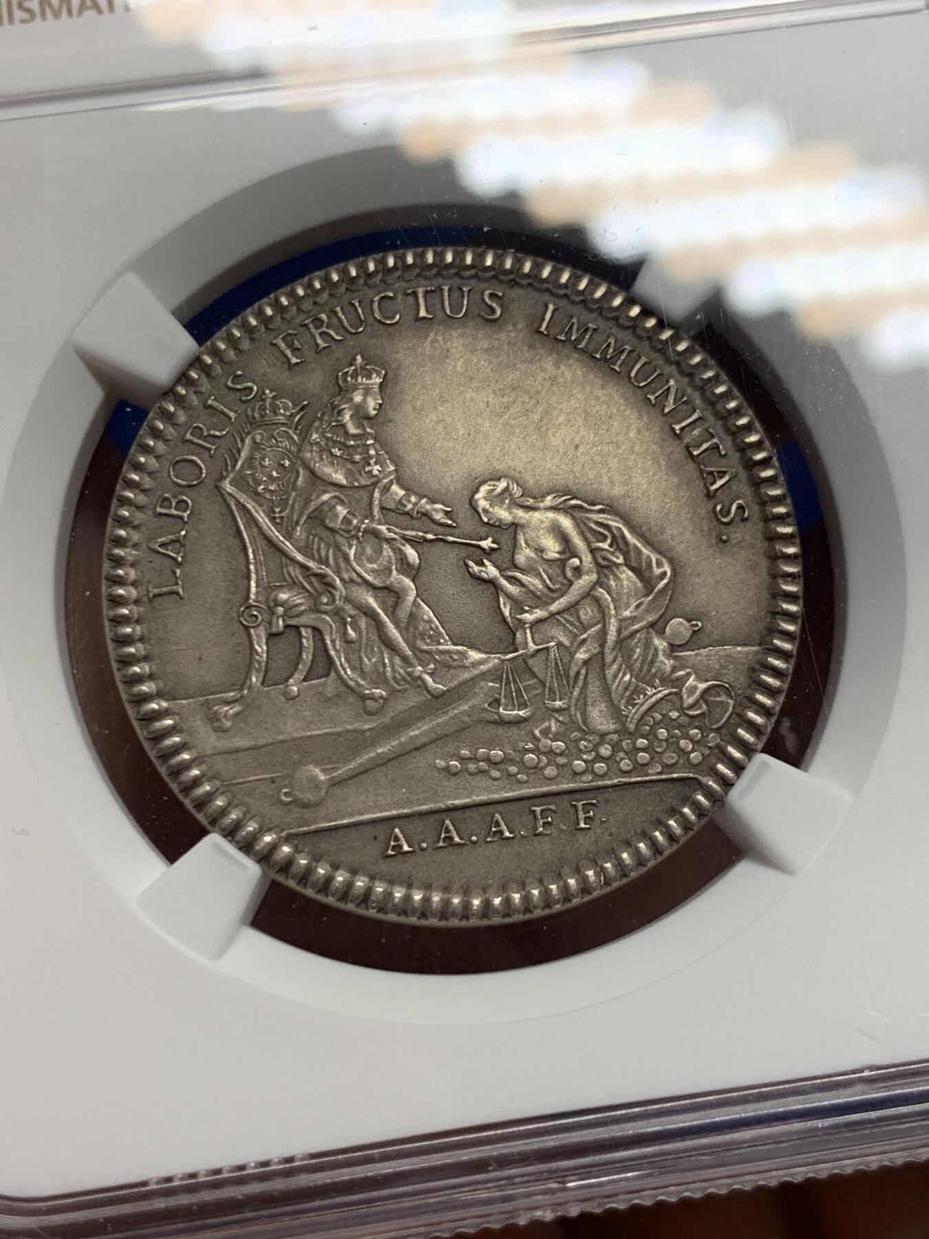 《竞宝斋》第424场 周日，周一，周二  3场连拍 （全场包邮） NGC MS64 法国里尔圆形银质代币