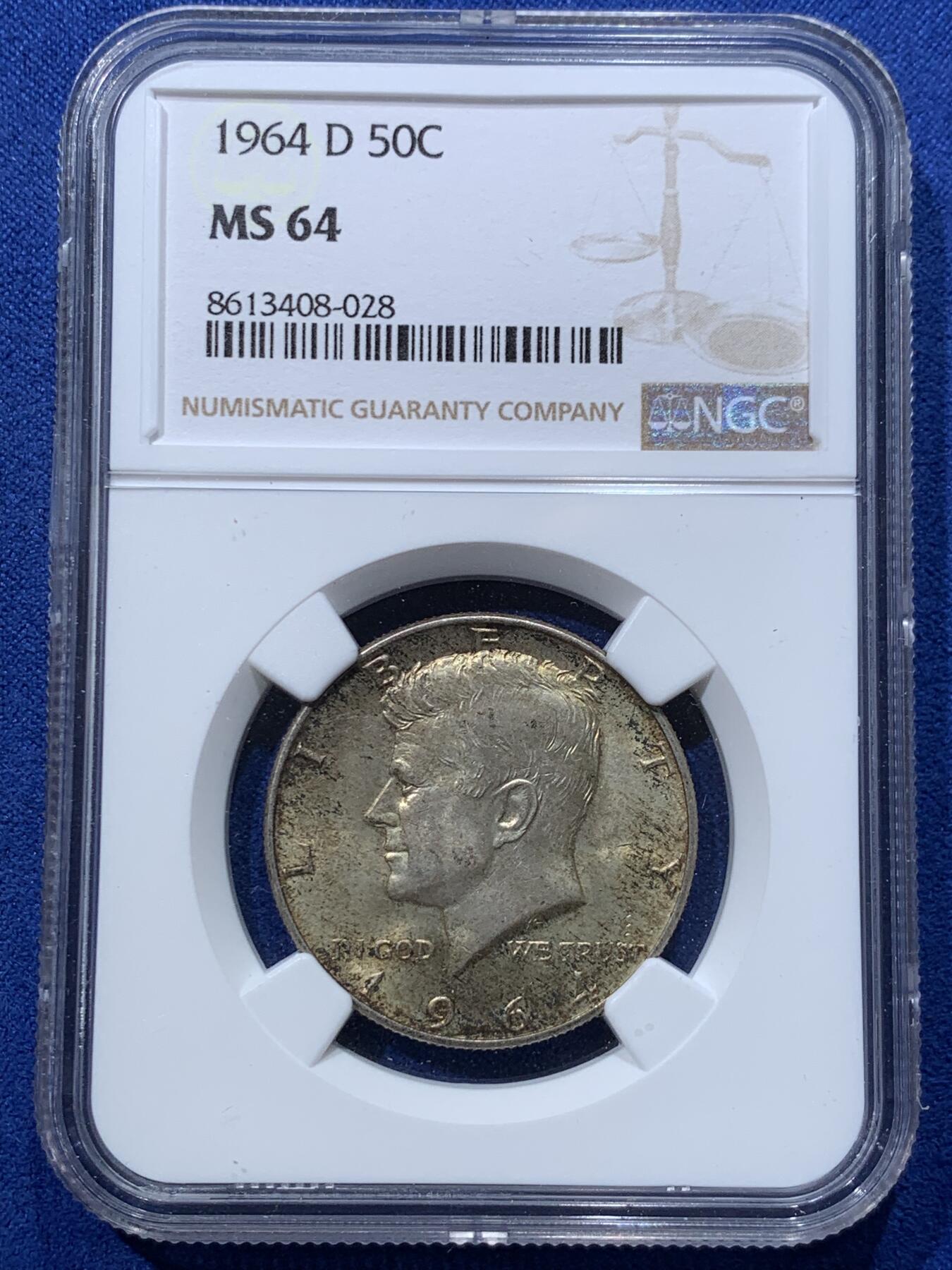 《竞宝斋》第424场 周日，周一，周二  3场连拍 （全场包邮） NGC MS64 美国1964肯尼迪半美元银币 高银 经典品种 包浆不错