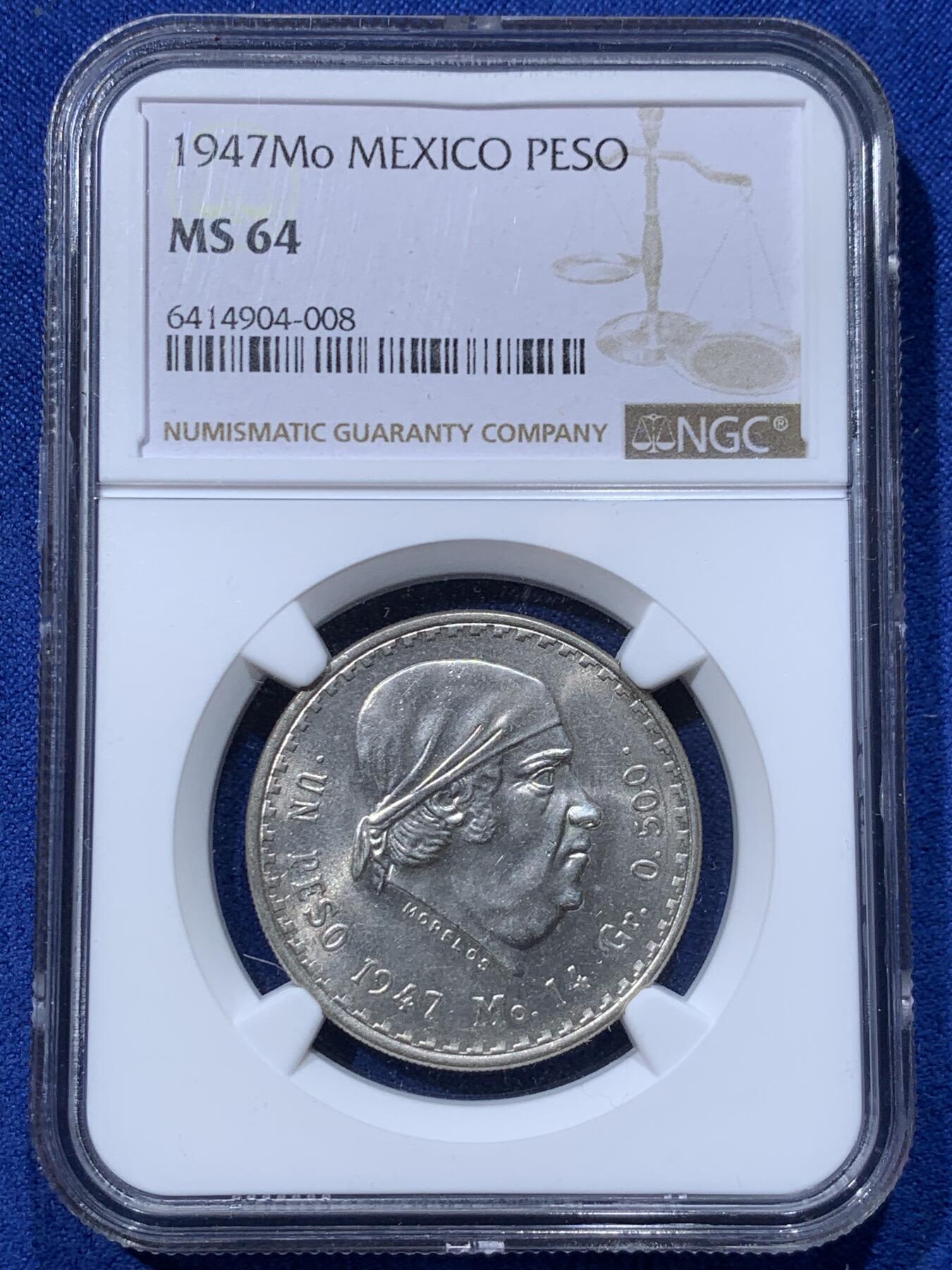 《竞宝斋》第424场 周日，周一，周二  3场连拍 （全场包邮） NGC MS64 墨西哥1947Mo莫雷诺斯1比索纪念银币 高分好品