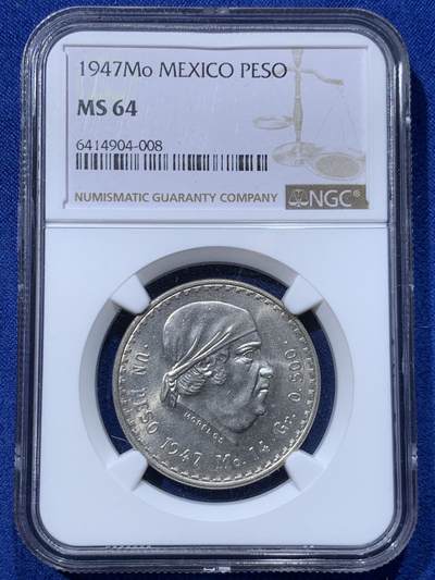 《竞宝斋》第424场 周日，周一，周二  3场连拍 （全场包邮） - NGC MS64 墨西哥1947Mo莫雷诺斯1比索纪念银币 高分好品