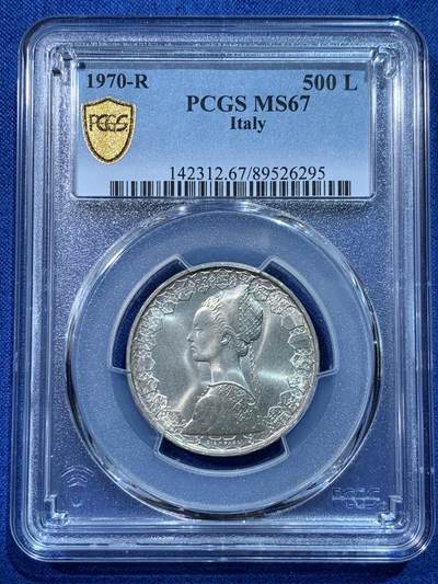 《竞宝斋》第424场 周日，周一，周二  3场连拍 （全场包邮） - PCGS MS67 意大利1970-R美女帆船500里拉银币