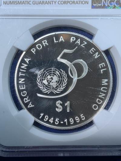 《竞宝斋》第424场 周日，周一，周二  3场连拍 （全场包邮） NGC PF68UC 阿根廷1995年联合国50周年精制银币，联合国系列中少见的品种，克书记录发行量500枚。