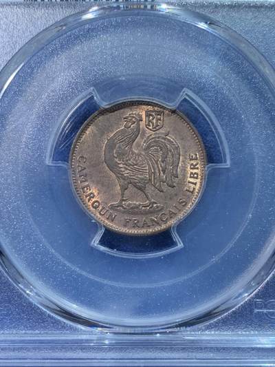 《竞宝斋》第424场 周日，周一，周二  3场连拍 （全场包邮） PCGS MS64RB 1943年SA法属喀麦隆雄鸡50分