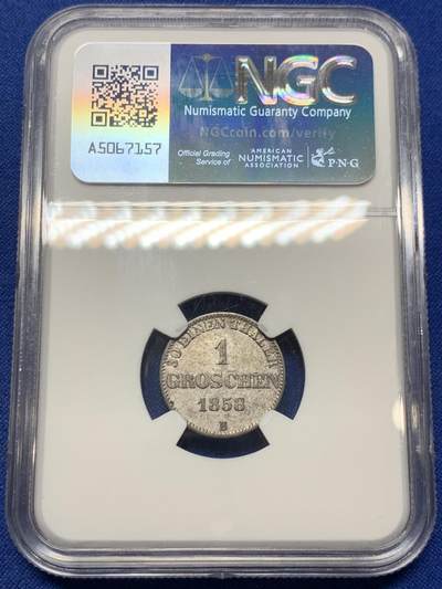 《竞宝斋》第424场 周日，周一，周二  3场连拍 （全场包邮） NGC AU50 德国1858年奥尔登堡1GR银币 季军分 更高分数仅两枚 稀见品