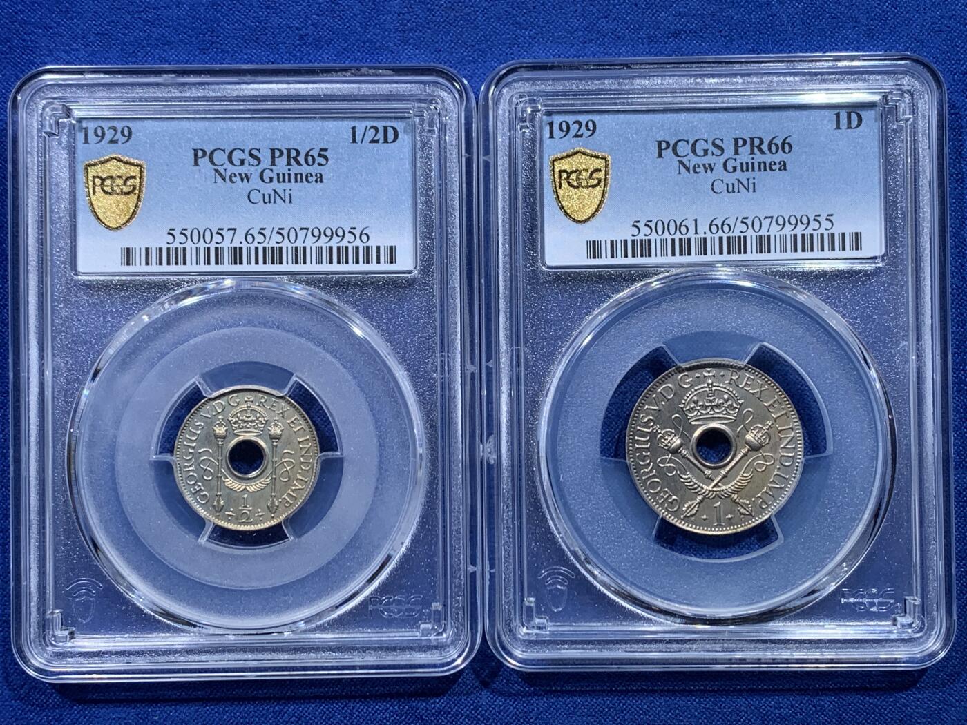 《竞宝斋》第424场 周日，周一，周二  3场连拍 （全场包邮） 2枚一组 PCGS PR65-66 新几内亚 1929年 1便士+1/2便士 精制币一对 非常稀少的品种 值得推荐