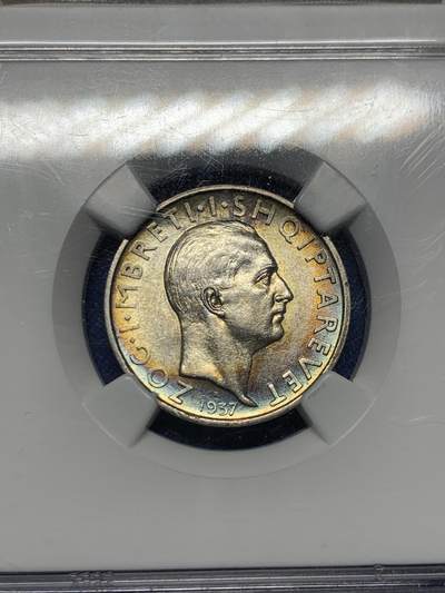 《竞宝斋》第424场 周日，周一，周二  3场连拍 （全场包邮） NGC AU58 阿尔巴尼亚王国1937年1法郎银币 五彩包浆非常养眼