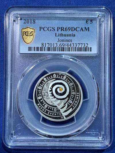 《竞宝斋》第424场 周日，周一，周二  3场连拍 （全场包邮） - PCGS PR69DCAM 立陶宛2018年5欧元银币 925银 12.44g