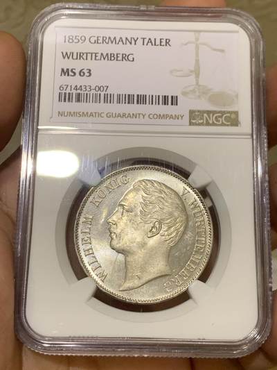 《竞宝斋》第424场 周日，周一，周二  3场连拍 （全场包邮） NGC MS63 德国 1859年 符腾堡 狮鹿盾徽流通泰勒 银币 少见品种 季军分 光度 细节都值得入藏 具体状态见视频 同分今年成交价已经到达6000 上涨幅度较大