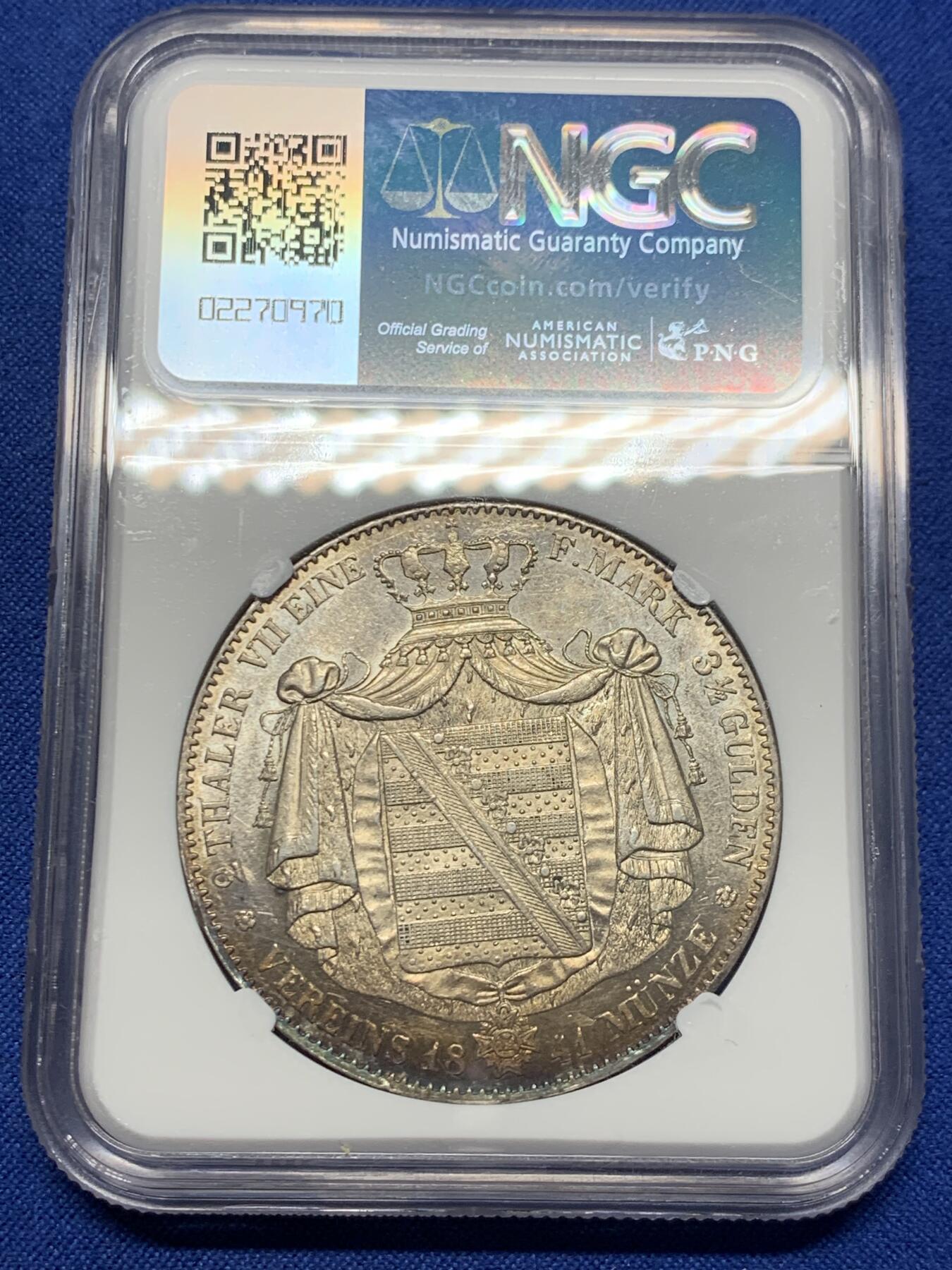 《竞宝斋》第424场 周日，周一，周二  3场连拍 （全场包邮） 唯一冠军分 NGC MS62 德国 1841 萨克森王国 弗里德里希·奥古斯特二世 流通2泰勒37克多的大银币 仅2枚入盒