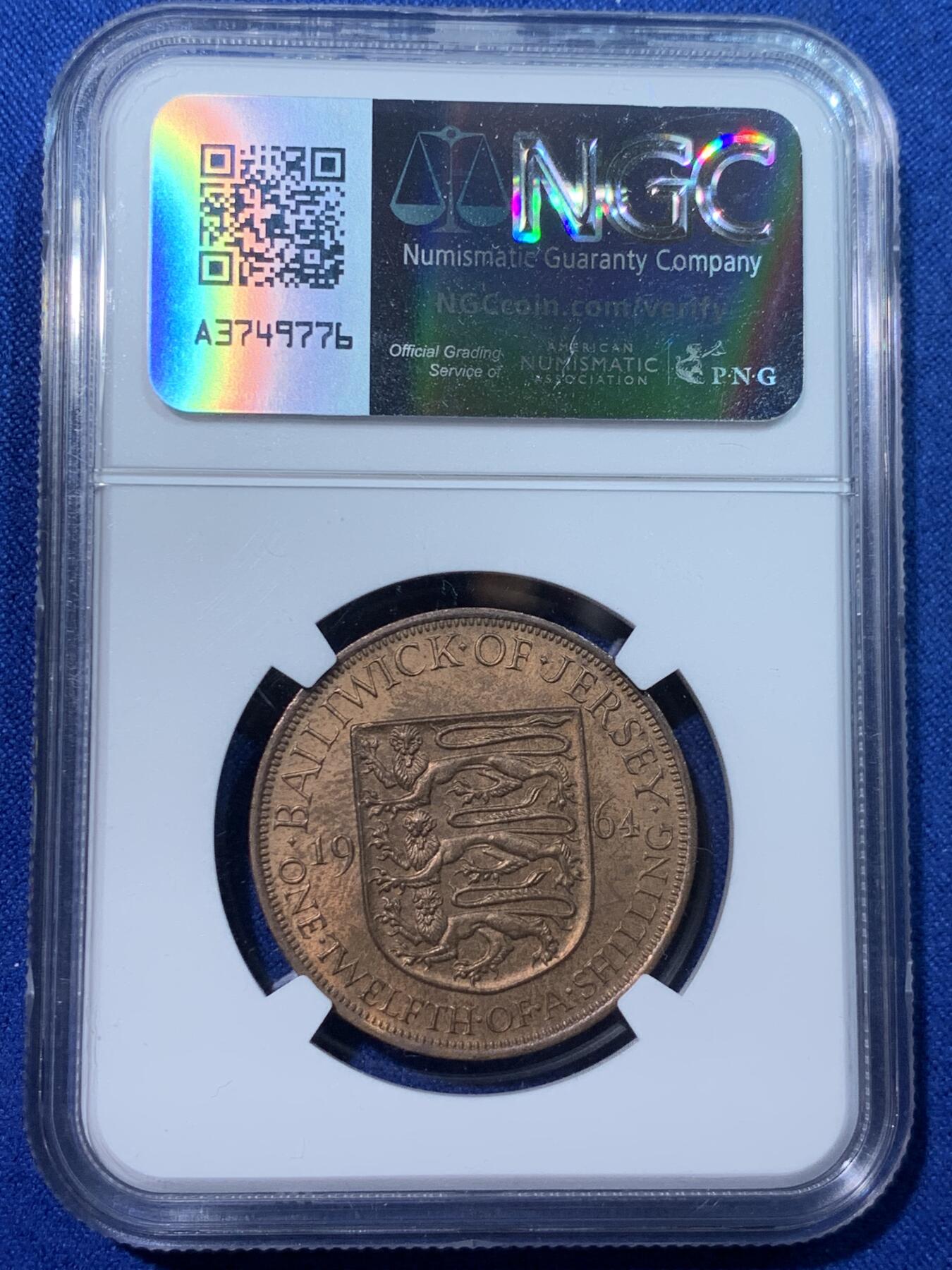 《竞宝斋》第424场 周日，周一，周二  3场连拍 （全场包邮） NGC MS63RB 英属泽西岛1964年1/12先令 红棕色充分氧化
