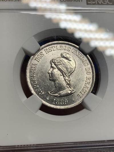 《竞宝斋》第424场 周日，周一，周二  3场连拍 （全场包邮） NGC UNCD 1889年巴西共和国500瑞斯，书价UNC50美元，细节见图。