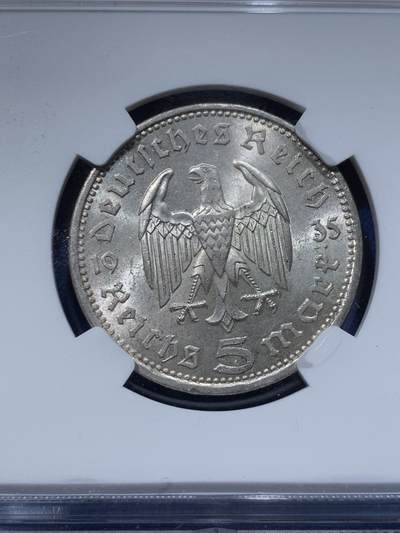 《竞宝斋》第424场 周日，周一，周二  3场连拍 （全场包邮） NGC MS64 德国1935A兴登堡5马克银币 64分已是很不错的品相 两面爆光 头像立体 一步到位的品相