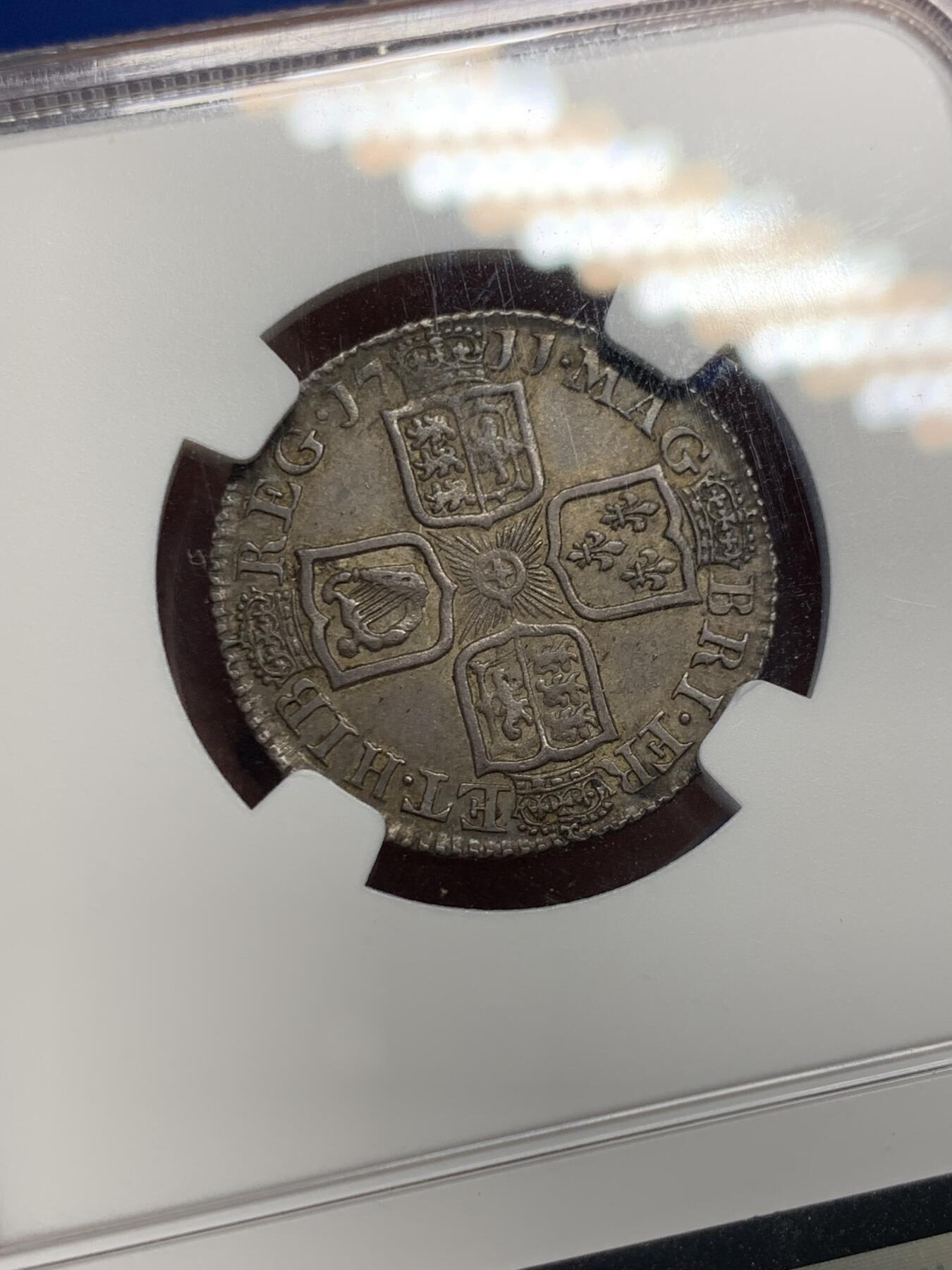 《竞宝斋》第424场 周日，周一，周二  3场连拍 （全场包邮） NGC AU50 英国 1711年 安妮女王1先令银币 不多见的品种