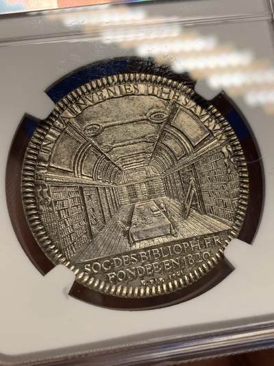 《竞宝斋》第424场 周日，周一，周二  3场连拍 （全场包邮） NGC UNC 1861年法国国家图书馆协会圆形纪念银章