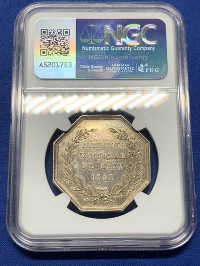 《竞宝斋》第424场 周日，周一，周二  3场连拍 （全场包邮） NGC MS62 法国诺曼底国家银行海事八角银质代币，船锚、三叉戟、信杖，少见品种，元素满满。