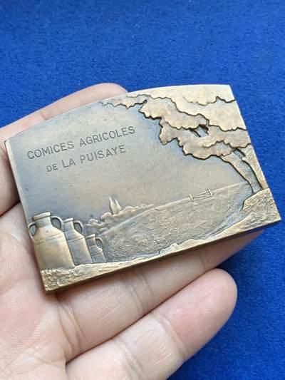 《竞宝斋》第424场 周日，周一，周二  3场连拍 （全场包邮） 法国皮赛地区农业博览会纪念铜章 牛线条肌肉感极强 高浮雕 121.5克 63.8*46mm 丰饶角铜标