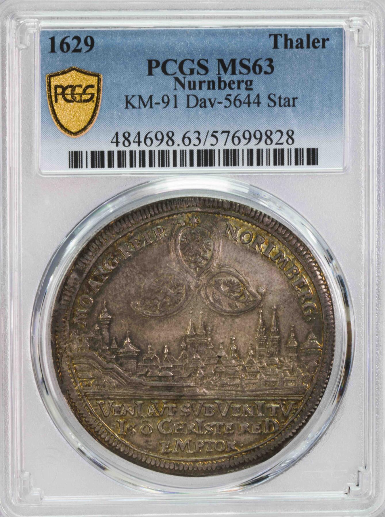 PCGS-MS63 1629纽伦堡带人头的双头鹰城市景观泰勒 唯一冠军