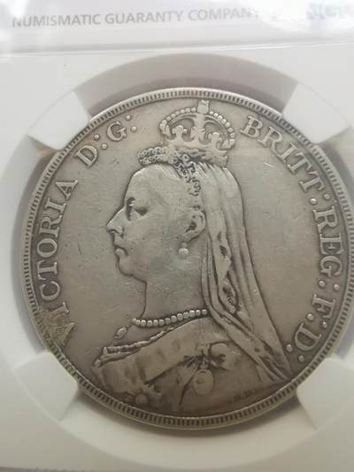 巨藏钱币第二期10月3号8点开拍古今中外硬币专场 NGC-VF35英国1889年1克朗马剑银币高冠头