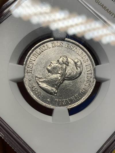 《竞宝斋》第424场 周日，周一，周二  3场连拍 （全场包邮） NGC UNCD 1889年巴西共和国500瑞斯，书价UNC50美元，细节见图。