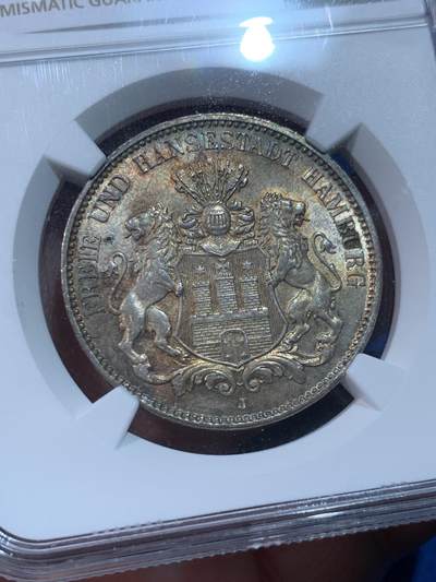 《竞宝斋》第424场 周日，周一，周二  3场连拍 （全场包邮） NGC MS63 德国1914J汉堡-双狮3马克银币