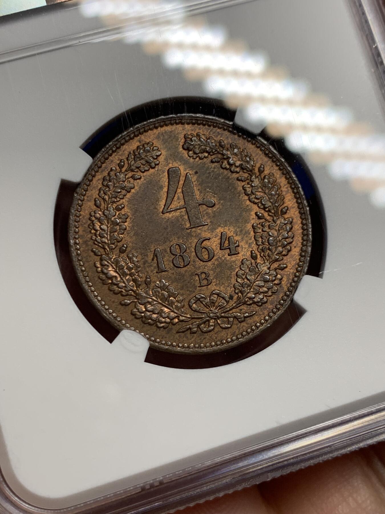 《竞宝斋》第424场 周日，周一，周二  3场连拍 （全场包邮） NGC MS64RB 奥地利 1864年4克鲁泽铜币 高分好品 62分的今年1400成交