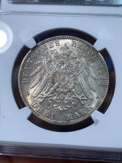 《竞宝斋》第424场 周日，周一，周二  3场连拍 （全场包邮） NGC MS63 德国1914J汉堡-双狮3马克银币