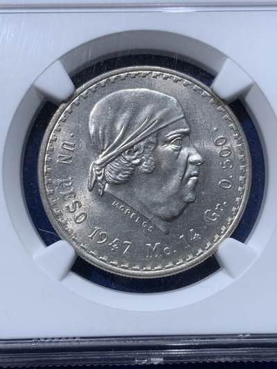 《竞宝斋》第424场 周日，周一，周二  3场连拍 （全场包邮） NGC MS64 墨西哥1947Mo莫雷诺斯1比索纪念银币 高分好品