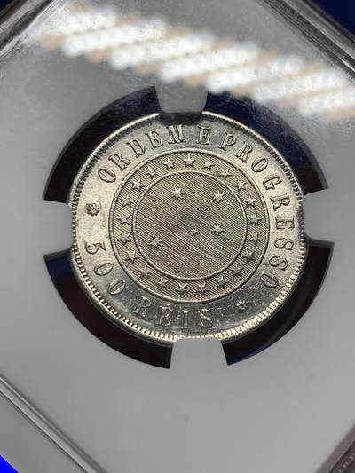 《竞宝斋》第424场 周日，周一，周二  3场连拍 （全场包邮） NGC UNCD 1889年巴西共和国500瑞斯，书价UNC50美元，细节见图。